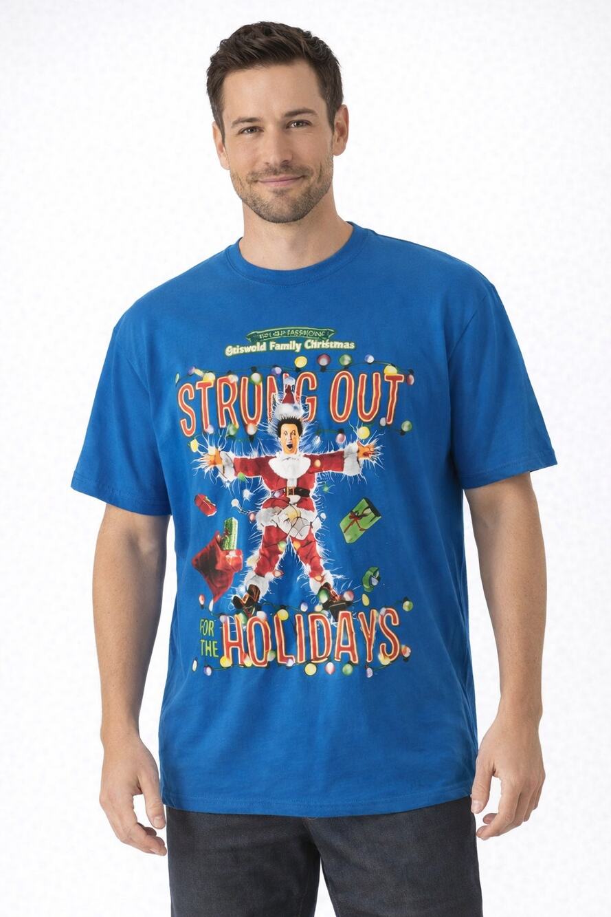 National Lampoon’s Christmas Vacation Men’s L Blue Strung Out Holidays Tee EUC